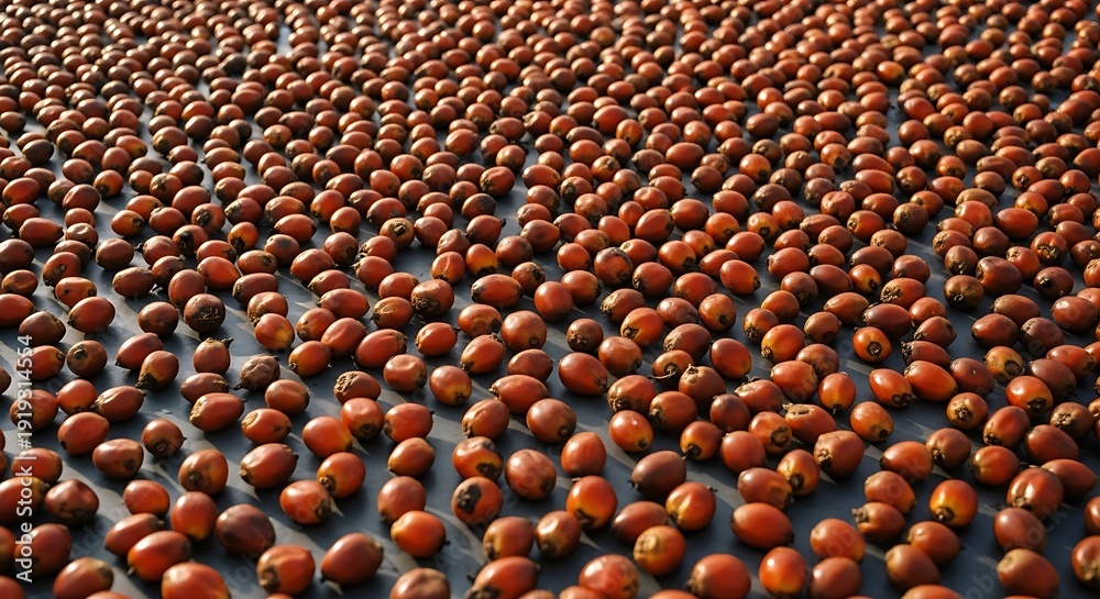 Fototapeta premium Abundant Palm Oil Fruit Drying Outdoors on Surface for Processing