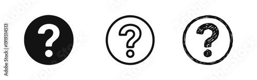 Doodle style question mark icons. Hand drawn help and inquiry symbols in a circle.