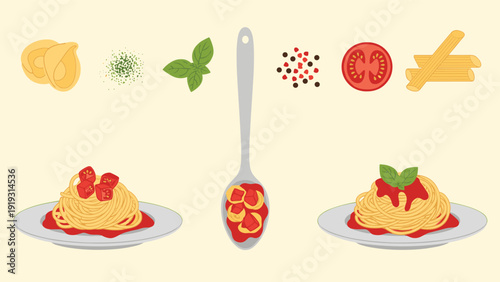 Culinary illustration showing the ingredients for pasta alongside plates of spaghetti served with tomato sauce and fresh basil leaves.