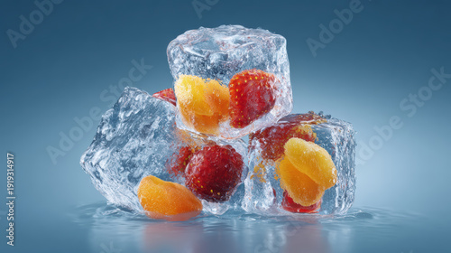 Close up fresh frozen fruit pieces encased inside cold clear ice cubes reflecting purity and refreshing coolness on blue background