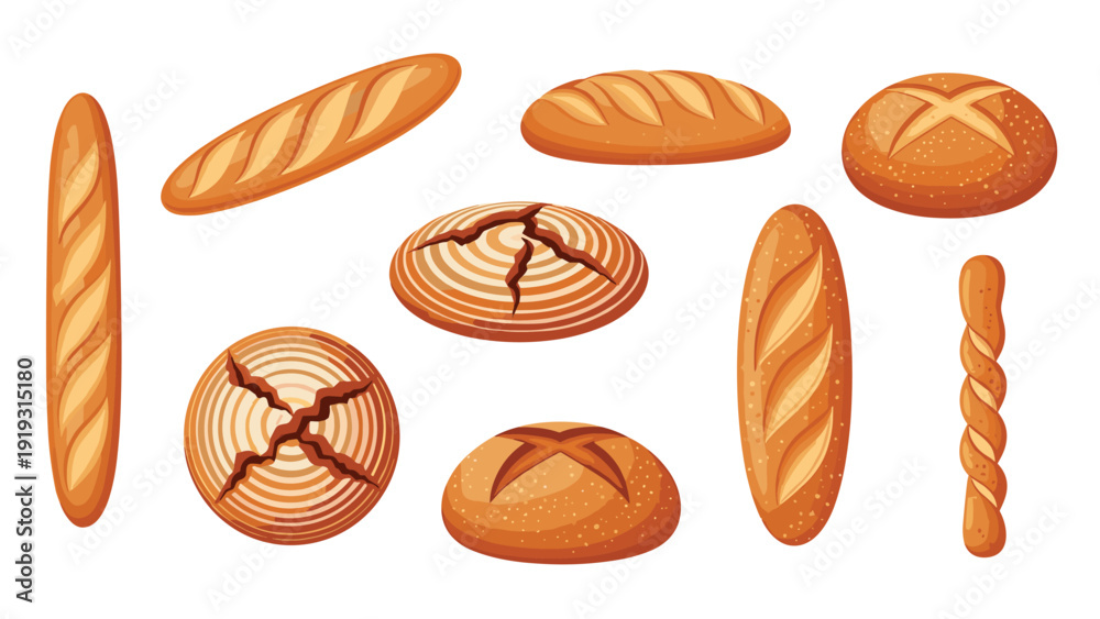 Obraz premium Assortment of various fresh bread types including long baguettes, round sourdough loaves, and a twisted breadstick on a white background.