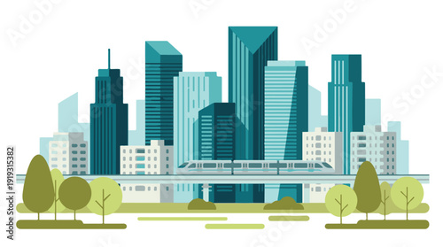 Modern city skyline with skyscrapers, elevated train, and green park