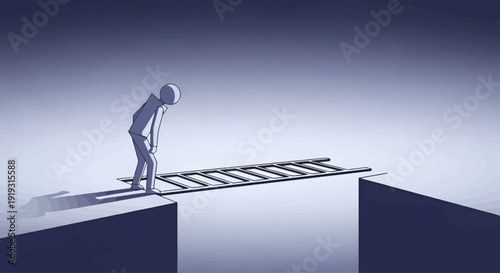 Man standing on a cliff edge looking down at a ladder bridging a gap.