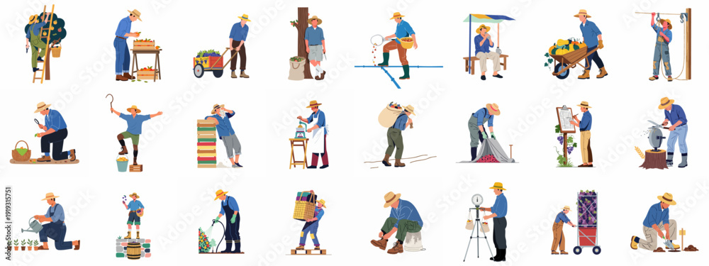 Fototapeta premium Farmers engaged in diverse agricultural activities, including planting, harvesting, and processing various fruits and vegetables, showcasing farm work and life.