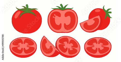 Red tomatoes whole half and slices flat vector set