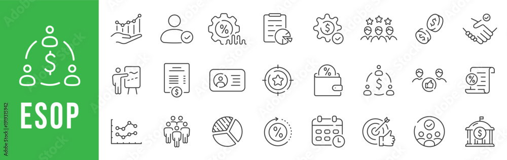 Εκτύπωση καμβά ESOP icon set showing employee stock ownership, equity compensation, incentives, benefits, governance and corporate finance in clean outline editable stroke style