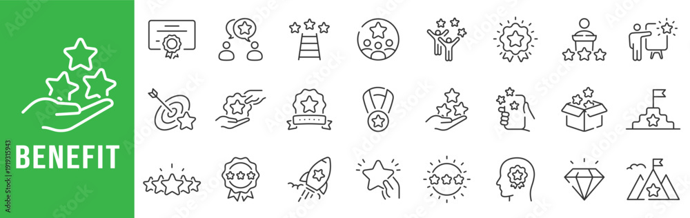 Εκτύπωση καμβά Benefit icon set representing value, rewards, achievements, ratings, and positive outcomes