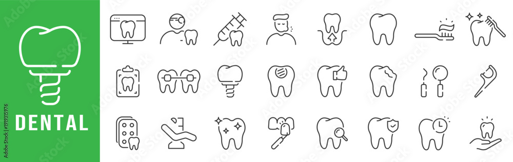Εκτύπωση καμβά Dental icon set illustrating oral care, dentistry, tooth treatment, hygiene, and dental healthcare in clean outline style