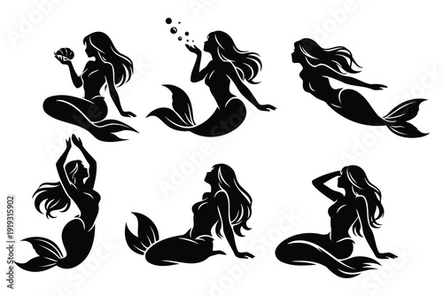 collection of six black silhouette mermaids