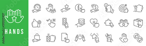 Outline hands icon set showing gestures, interaction, support, feedback, donation, and usability actions, designed with editable stroke line icons for modern UI, web, and app projects.
