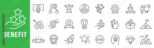 Benefit icon set representing value, rewards, achievements, ratings, and positive outcomes. Clean outline style with editable stroke, ideal for modern UI/UX