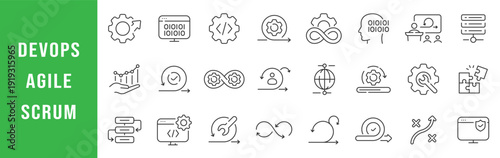 DevOps Agile Scrum icon set illustrating software development workflows, automation