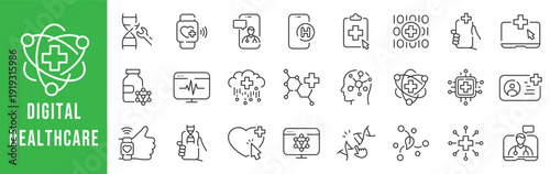 Digital healthcare icon set representing telemedicine, health apps, wearable monitoring, medical data