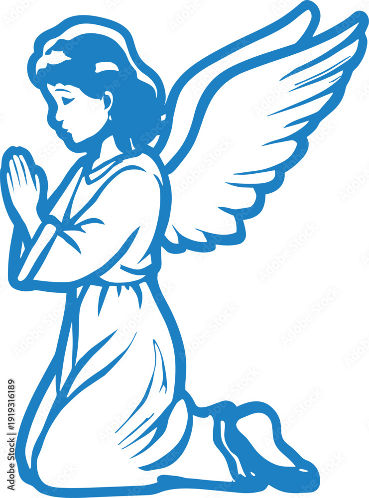 Fototapeta premium Serene angel kneeling in prayer, wings extended against a stark white background