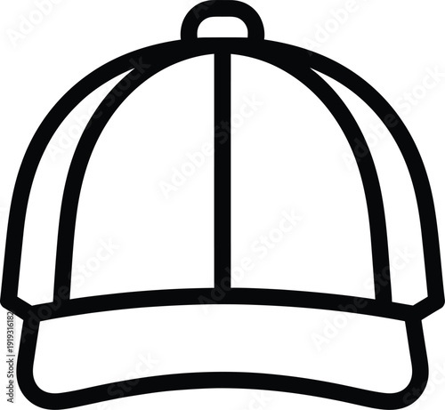A simple line art illustration of a baseball cap, depicting the front view of the headwear with a curved brim and crown panels.