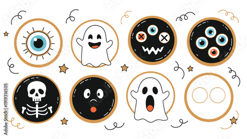 Assorted halloween themed round cookies with ghost skeleton monster and spooky eye designs on white background with stars and swirls.