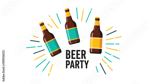 Beer party illustration with three brown glass bottles and bright colorful radial lines surrounding the bold central text on white.