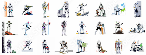 Futuristic Armored Soldiers: A Diverse Collection of Sci-Fi Activities, from Combat and Exploration to Tech Interaction and Specialized Missions in Space.