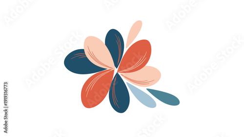Abstract floral illustration with overlapping petals in shades of dark blue orange and light pink arranged in a delicate pinwheel design.