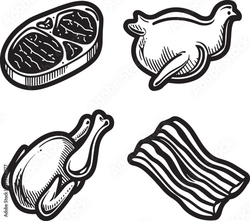 Monochrome illustration of various uncooked meats, including steak, chicken, and bacon