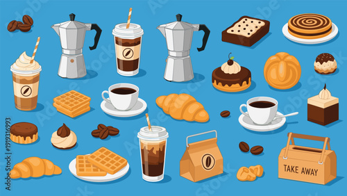 Comprehensive coffee shop set with espresso machines cups lattes waffles croissants and takeaway bags on a blue background.