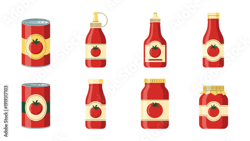 Collection of tomato products including canned tomatoes ketchup bottles and jarred sauce on a white background for pantry themes.