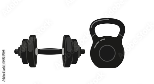 Black dumbbell and kettlebell isolated on a white background for fitness and exercise illustration