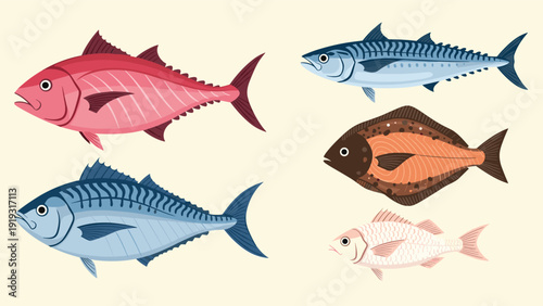 Assorted fish collection featuring tuna mackerel and flatfish types in various sizes and colors on a light cream background for seafood.