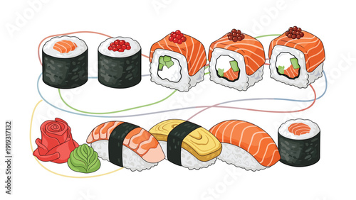 Variety of sushi pieces including rolls and nigiri connected by colorful floating lines on a plain white background for asian cuisine.