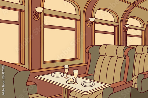 Luxurious Vintage Train Interior Featuring Plush Seating and a Dining Table Set for Two