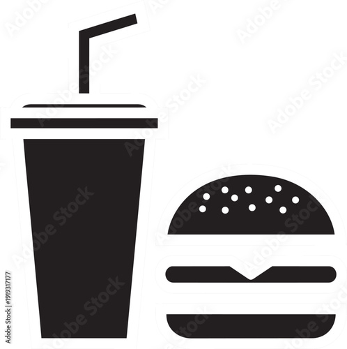Simple white line drawing of a soda cup with straw and a double-decker burger on black background