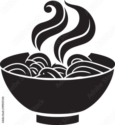 Black silhouette of a bowl filled with noodles and steam rising upwards