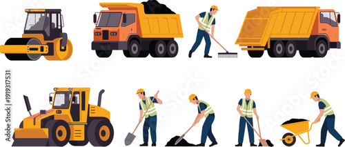 Construction workers and heavy machinery vector illustration featuring dump trucks, bulldozer, road roller, workers shoveling soil, wheelbarrow, safety vests, hard hats
