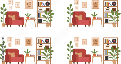 Cozy living room interior variations with armchair bookshelf plants and wall decor, modern home furniture arrangement flat vector illustration set