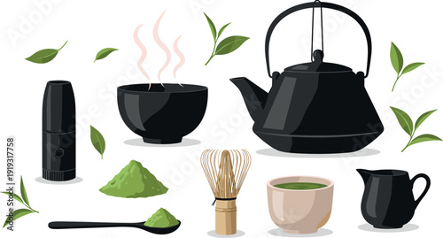 Set of traditional matcha green tea tools including black teapot ceramic bowl bamboo whisk powder and fresh tea leaves flat vector illustration