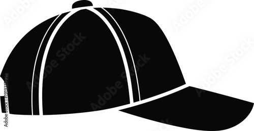 A simple black silhouette icon of a baseball cap with a curved brim on a white background.