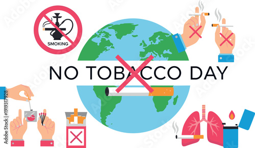 World No Tobacco Day awareness illustration with globe broken cigarettes healthy lungs and stop smoking symbols vector