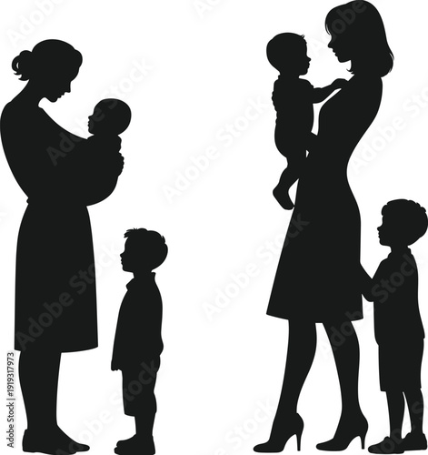 Black Silhouette Set of Mothers Holding Babies and Standing with Young Children for Family, Motherhood, Parenting, Love, Care, Maternity, and Childhood Development Vector Illustration