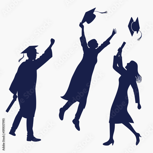 Navy blue silhouettes of graduates tossing caps graduation
