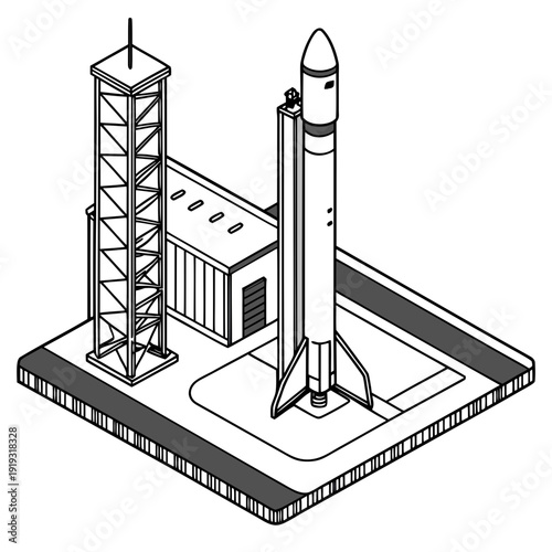 Isometric of rocket on launchpad with tower and building