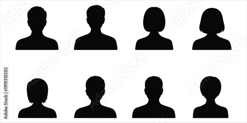 Eight Black Silhouette Headshots of Men and Women on White Background profile portrait