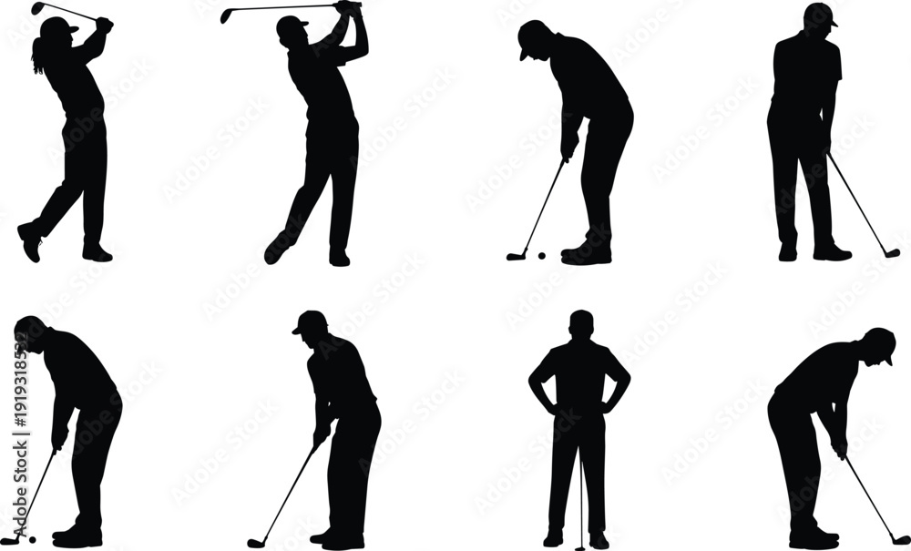 Obraz premium Eight black silhouettes of golfers in various stages of playing golf Keywords: golfer, golf, sport, player, athlete, swing