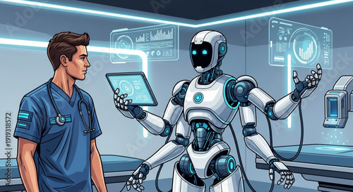 Robot and man in lab discussing technology with tablet and futuristic interface