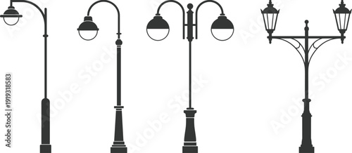 Set of vintage and modern street lamp silhouettes isolated on white, outdoor lighting lantern icons for urban city architecture, park landscaping, and exterior streetscape design.