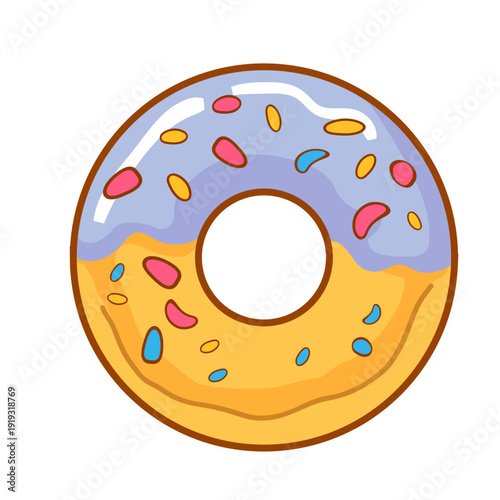 Colorful Cartoon Donut with Purple and Yellow Icing and Sprinkles