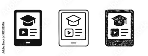 Online education mobile app icons set. E-learning, digital courses, remote study, video tutorials on smartphone.