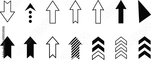 Arrow icons collection, directional symbols, upward and downward arrows, chevron designs, navigation elements, interface graphics, cad drawing flat vector illustration