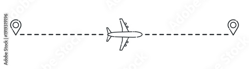 Airplane travel route icon with dashed flight path between location pins, minimal outline vector illustration isolated on transparent background