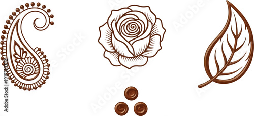 Brown paisley, rose, leaf, and dot design elements on a white background.