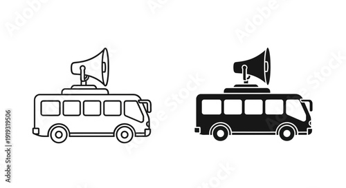 Bus with megaphone, concept of announcement, alert, or promotion for transportation services, vector icons